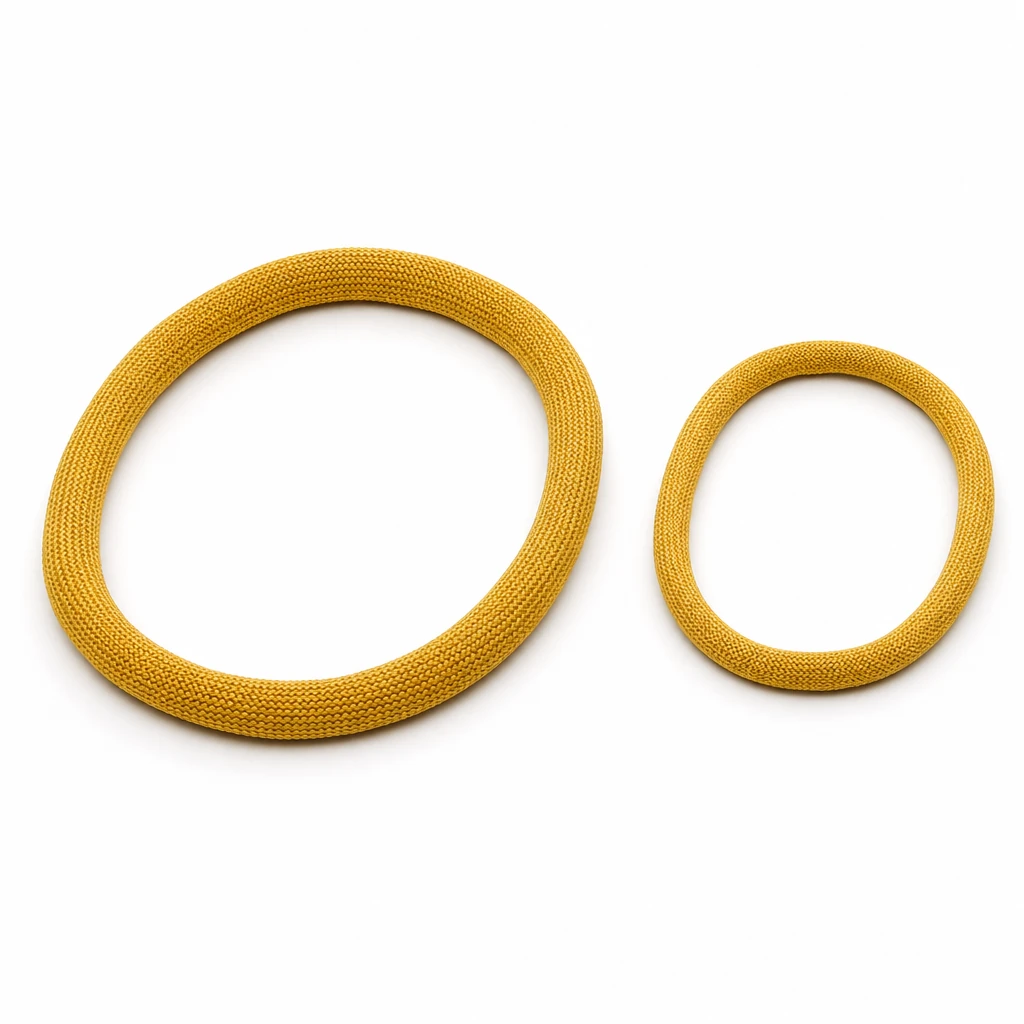 Two golden aramid round slings of different sizes laid out as endless woven loops