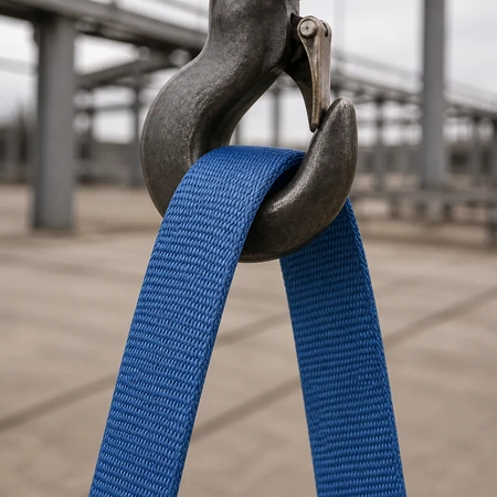 Comparison of a round sling tubular sleeve section in green beside a flat woven web sling band section in blue
