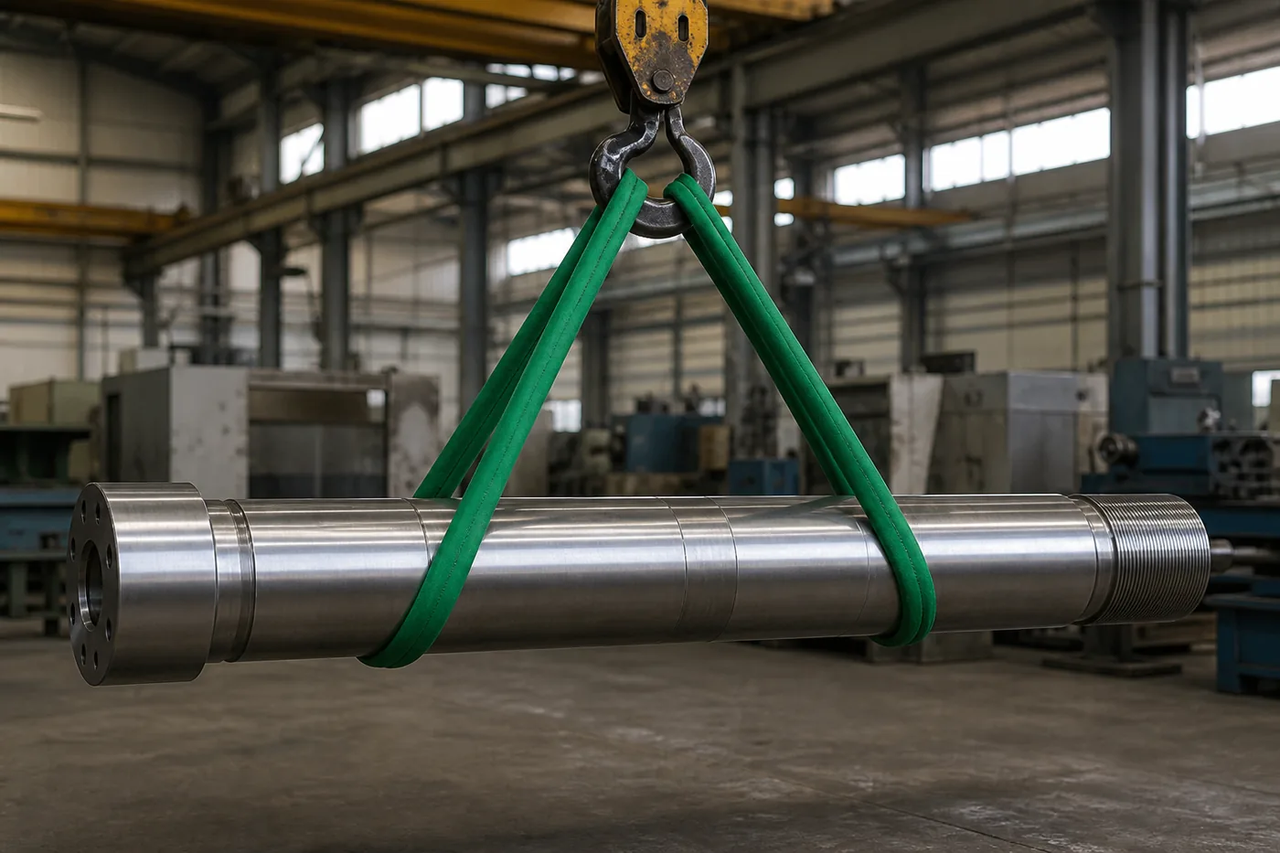 Two emerald green endless round slings in basket arrangement lifting a large machined steel shaft in a machine shop