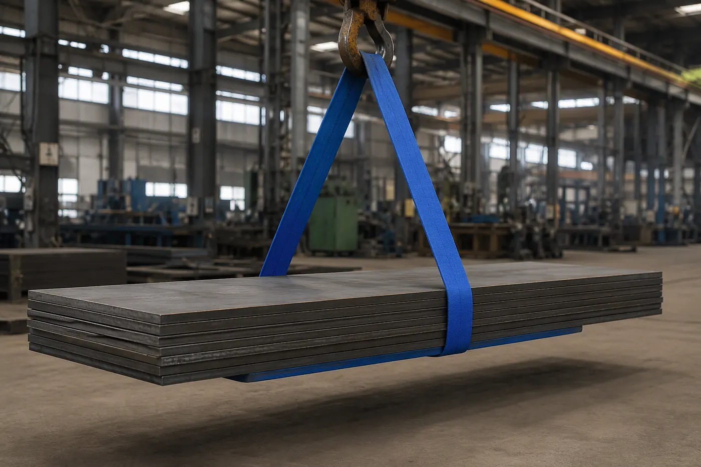 An endless flat webbing sling in blue in a basket arrangement under a stack of steel plates