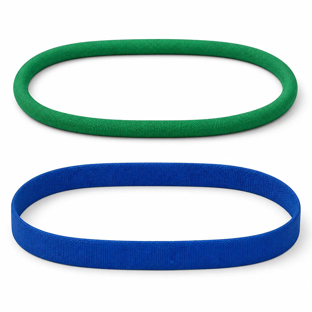 An endless round sling in green above and an endless flat webbing sling in blue below