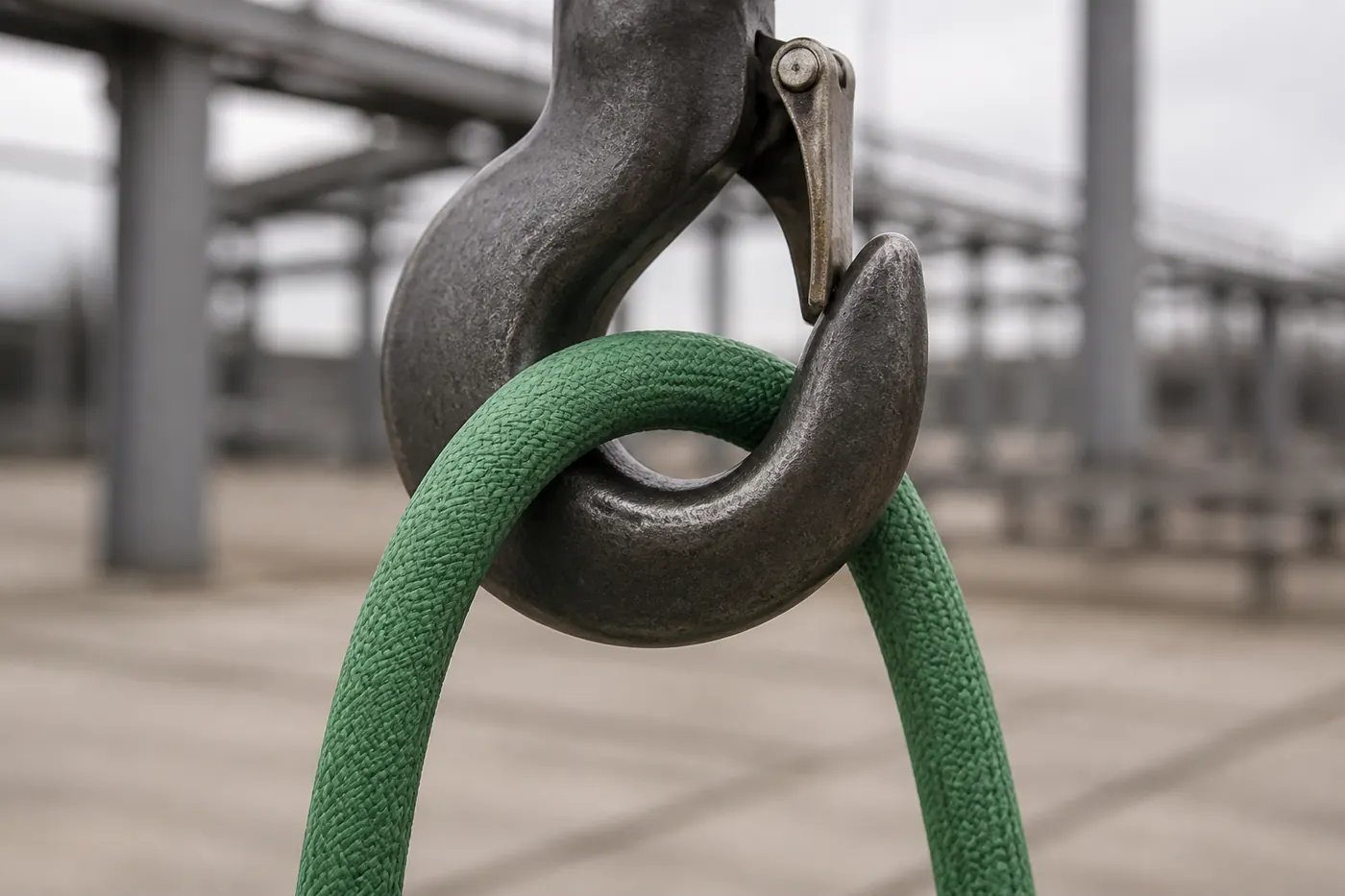 An endless round sling looped over a crane hook with no ends and no fittings