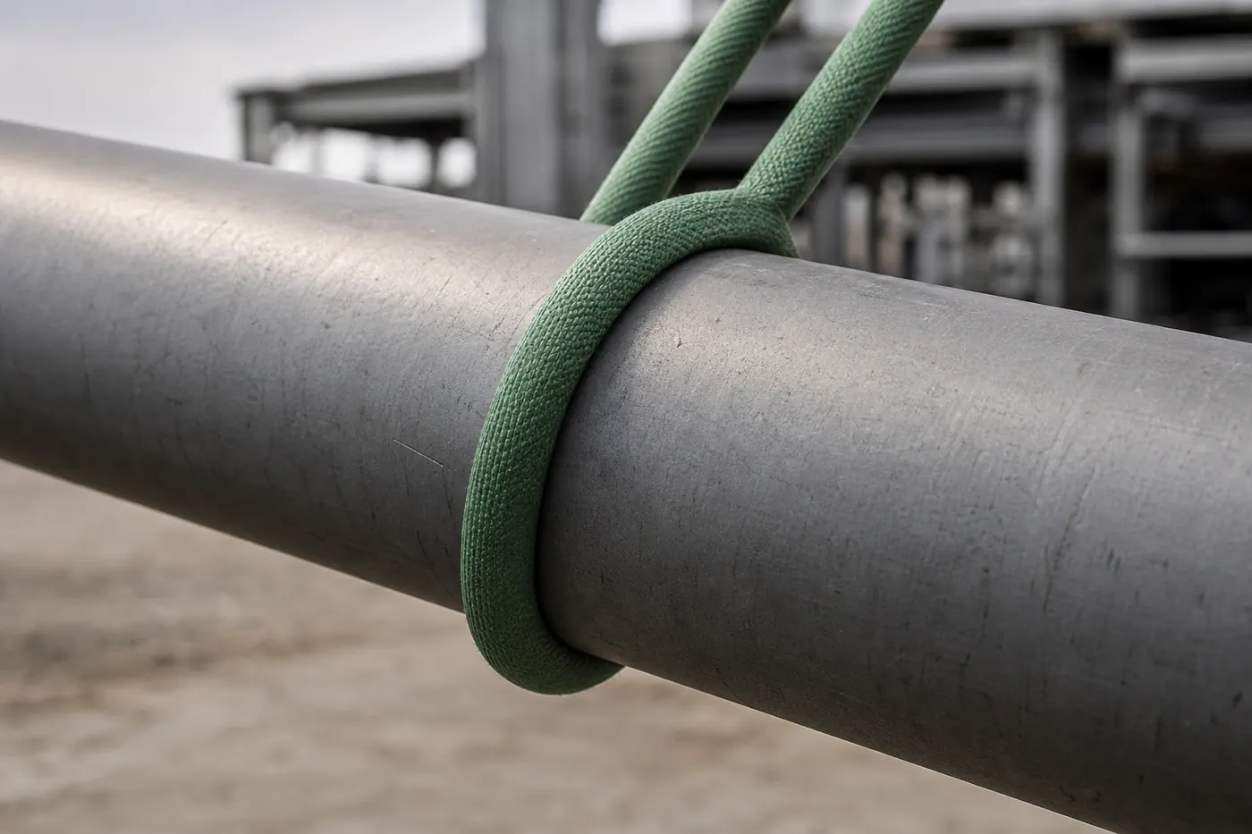 An endless round sling in green rigged in a choke hitch around a large round steel pipe