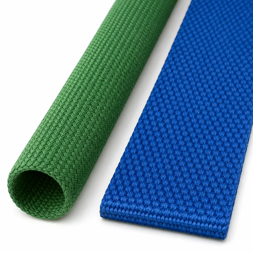 Close-up comparing the round tubular section of a round sling with the flat rectangular section of a webbing sling