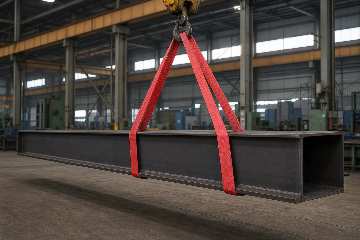 Two red endless type flat woven webbing slings in basket arrangements lifting a fabricated steel box girder