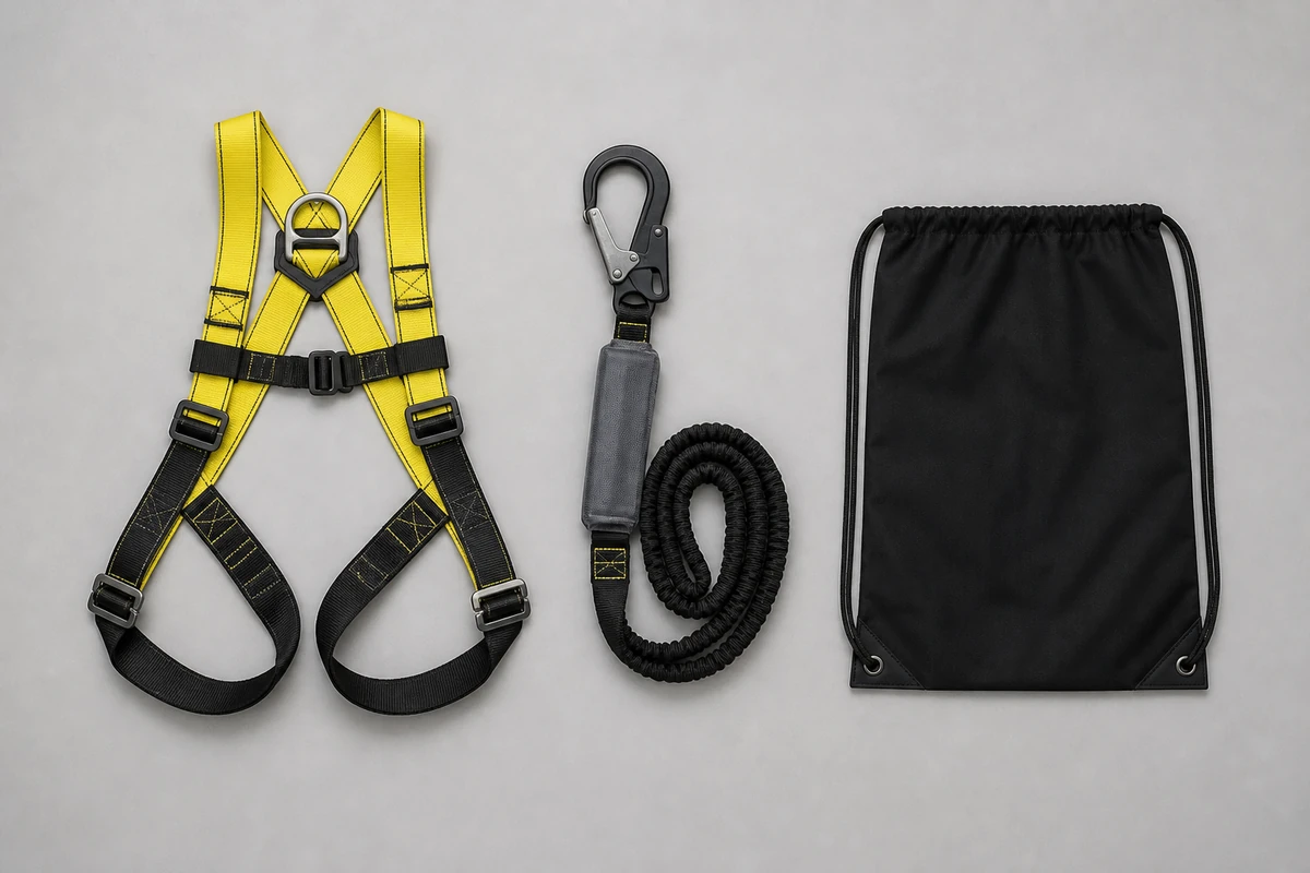 Full body safety harness kit with shock absorbing lanyard, scaffold hook and storage bag