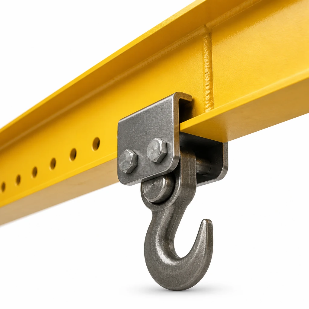 Adjustable hook bracket bolted to the underside of a lifting beam with a row of bolt holes for repositioning