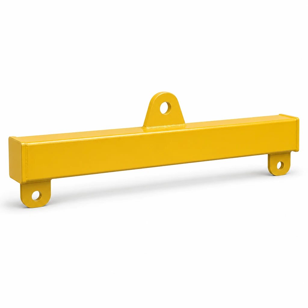 Yellow steel box-section lifting beam with a central top lifting lug and an end lug at each end