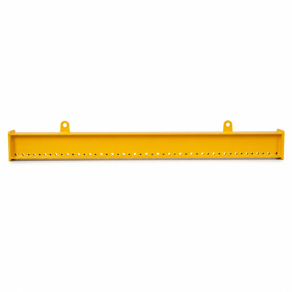 Yellow steel spreader beam with two top suspension lugs and a row of lower attachment pin holes