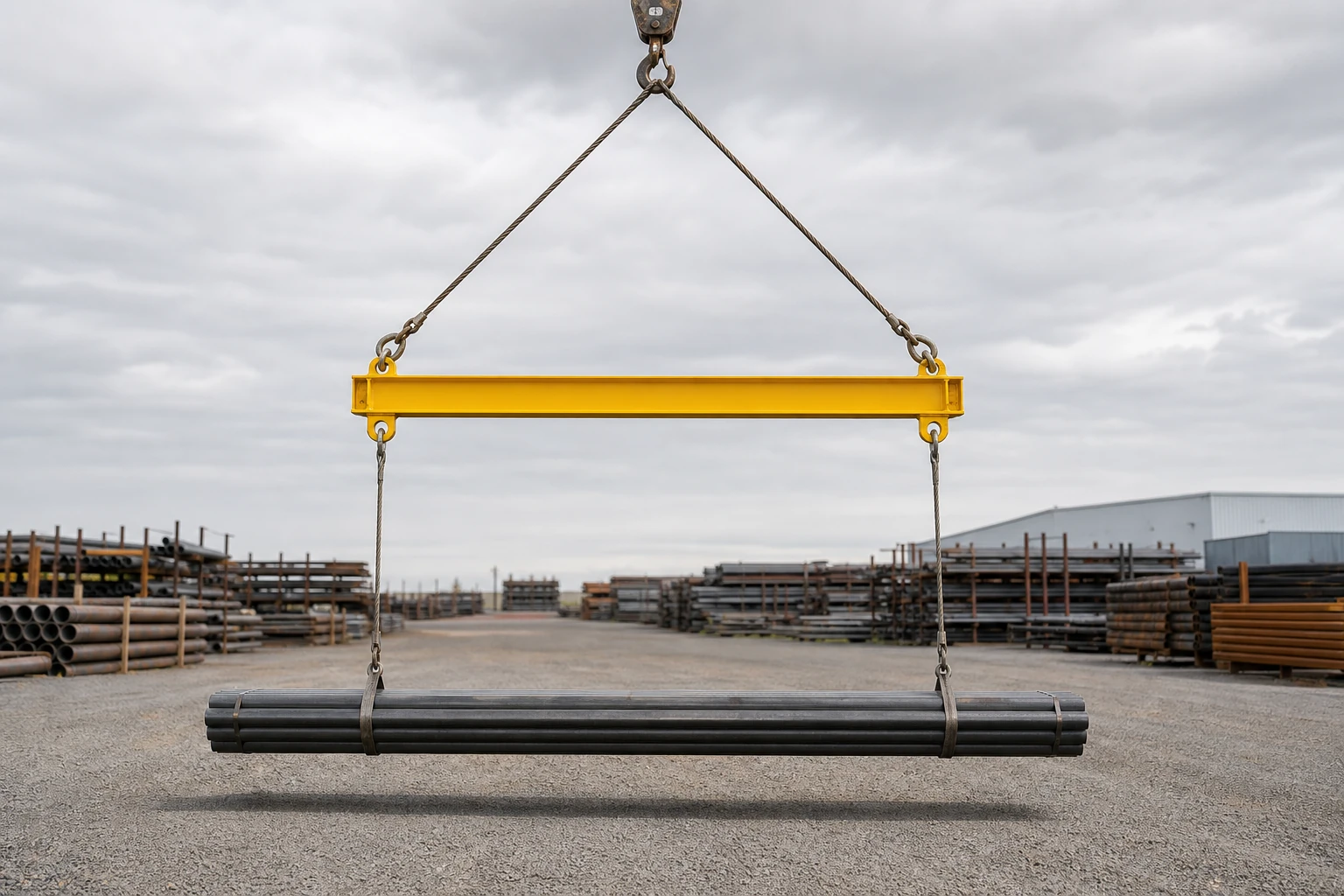 Long cylindrical steel tower section lifted horizontally with four vertical slings from a yellow spreader beam