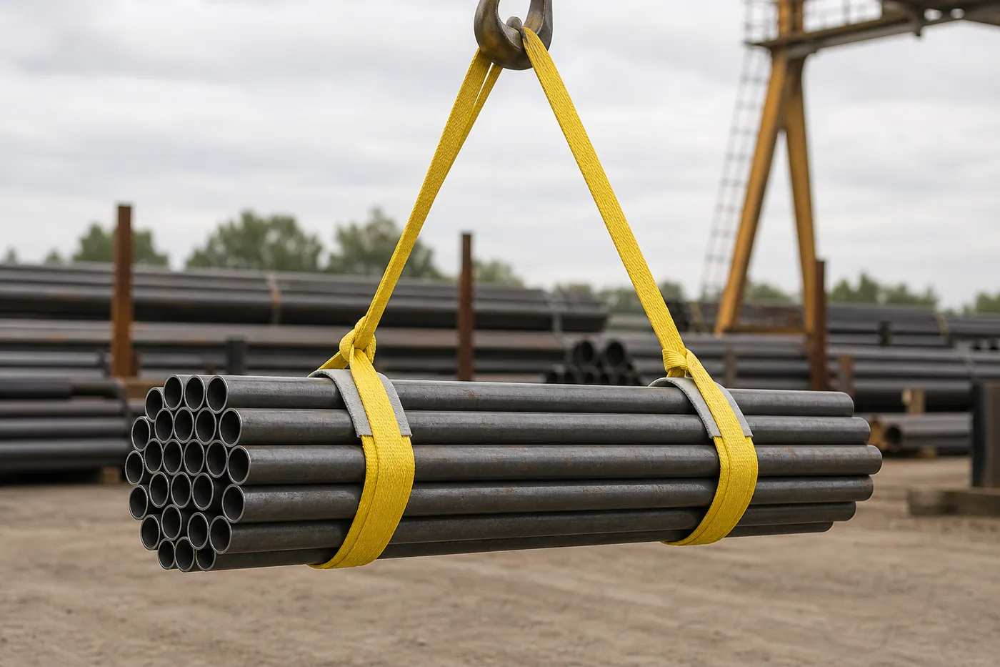 Thin grey UHMWPE webbing sling passing through a narrow lifting eye in a heavy machined steel component